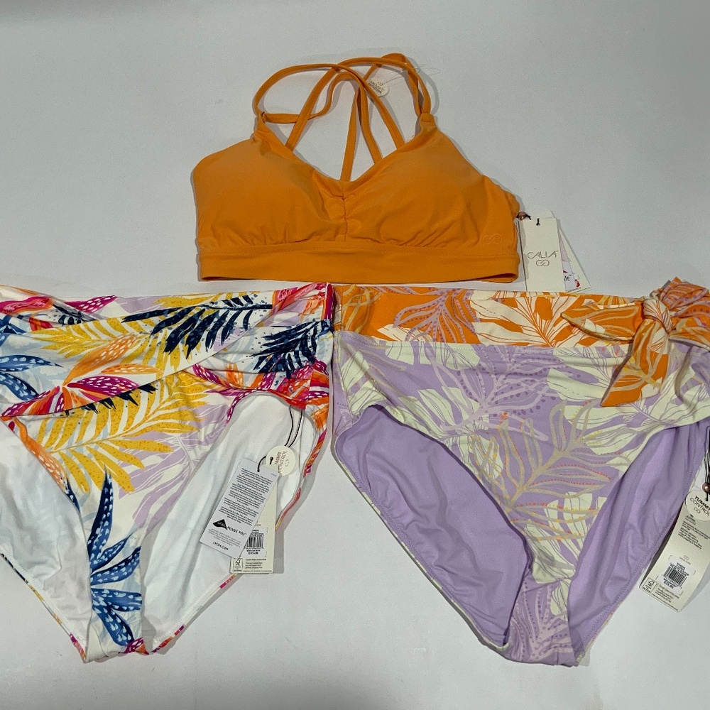NWT Calia Sz L/XL Orange Ruched Front Twist Palm Bikini Top High Rise Bottoms